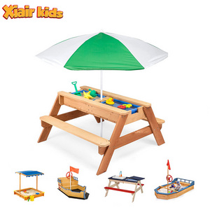 Xiair Outdoor Wooden Kids Garden Picnic Table Chair Sandbox Toys Toddler Sand Pit Kids Sand Box And Water Table With Umbrella