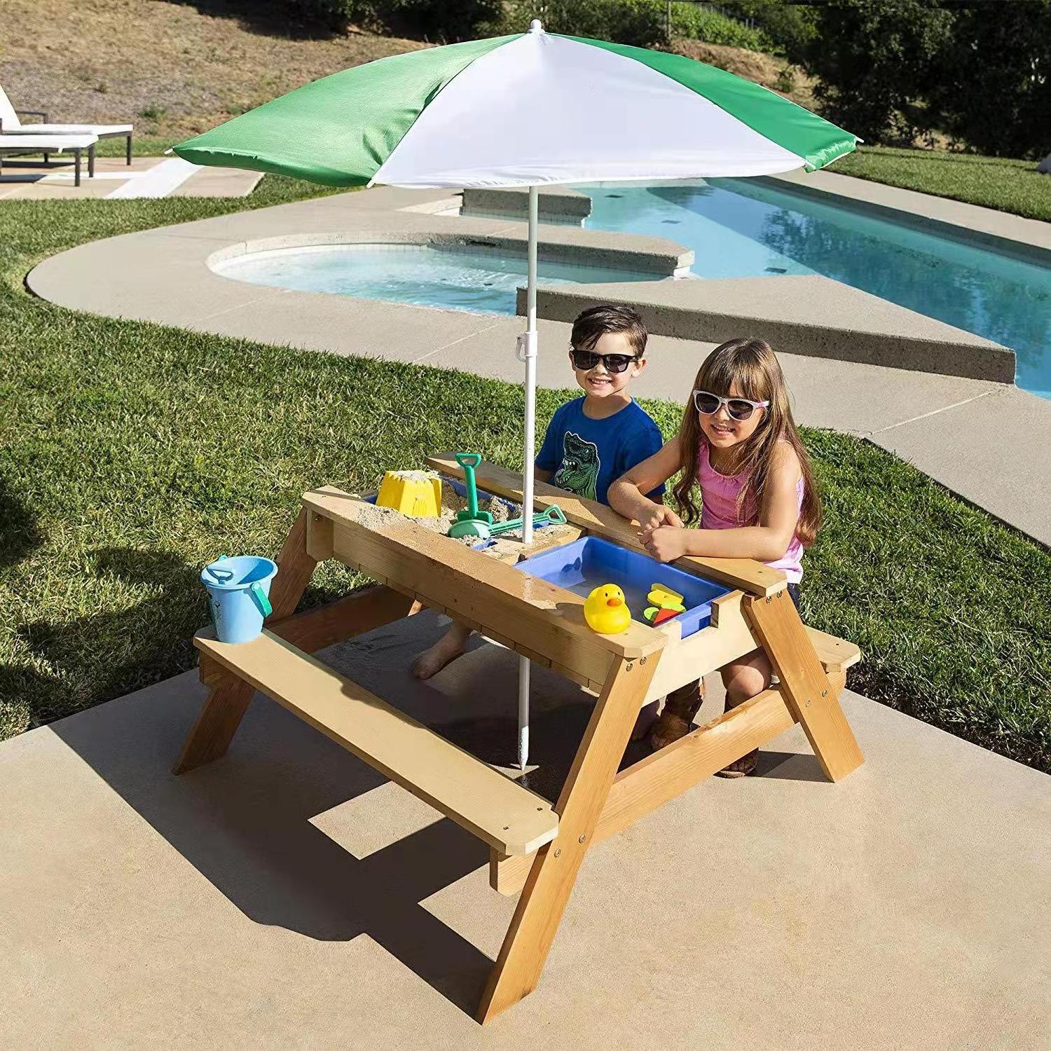 Xiair Outdoor Wooden Kids Garden Picnic Table Chair Sandbox Toys Toddler Sand Pit Kids Sand Box And Water Table With Umbrella