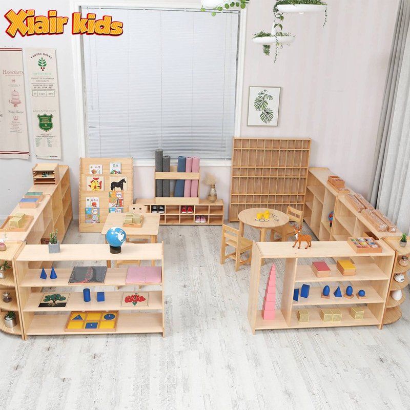 Xiair Montessori Toy Storage Cabinet Wooden Daycare Furniture Children Clothes Role play Custom Cabinet Montessori Furniture Set