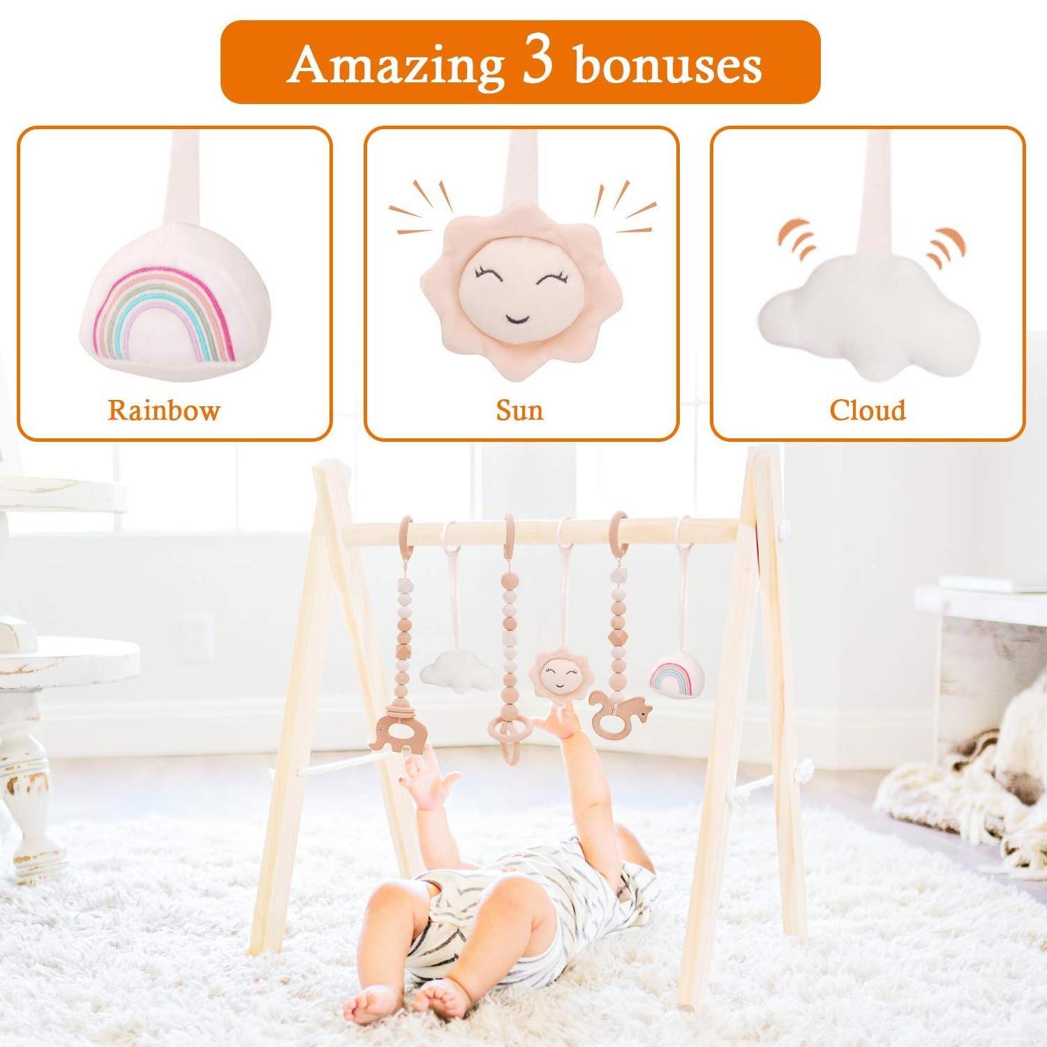 Xiair Baby Actiity Gym Toys Hanging With 3 Inflatable Baby Gym Toy Wooden Foldable Baby Play Gym With Mat Animal Indoor Play