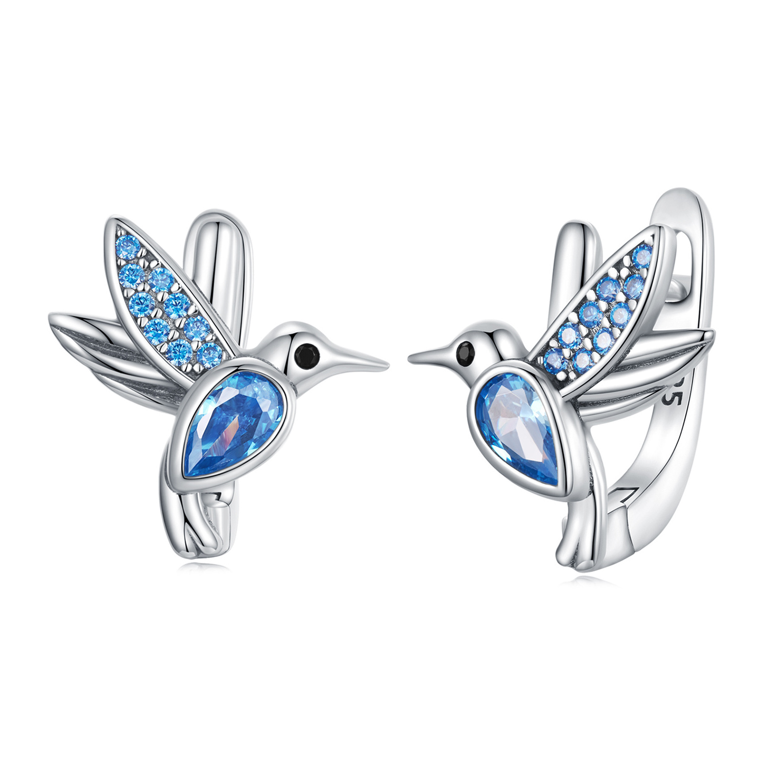 925 Sterling Silver Humming Bird Hoop Earrings For Women Blue Zircon Drop Ear Clip Earring Ladies luxury Wedding Jewelry SCE1503