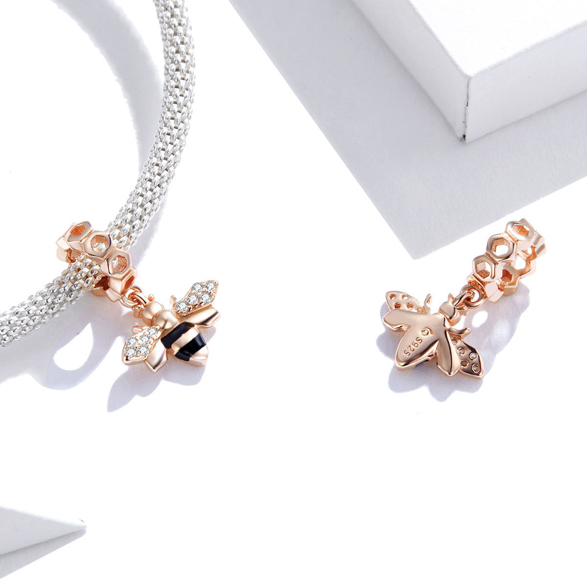 Little Bee Charm 925 Sterling Silver Rose Gold Zircon Animal Beads Fit Original Bracelet Necklace Pendant Jewelry BSC370