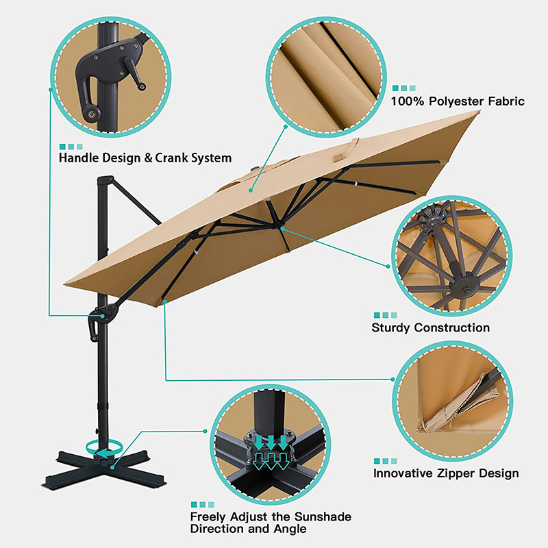 10 FT Cantilever Patio Umbrella With Custom Logo 360 Rotation & Integrated Tilting Beach Umbrellas & Bases With LED Lights