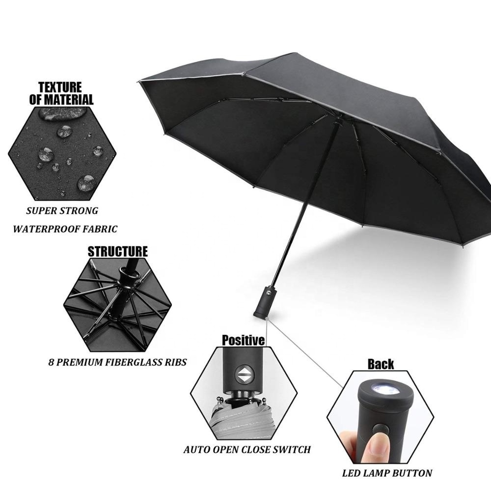 Market Umbrella Lightweight Compact Travel  Automatic Open Close Folding Umbrella with 180 Rotating LED Flashlight