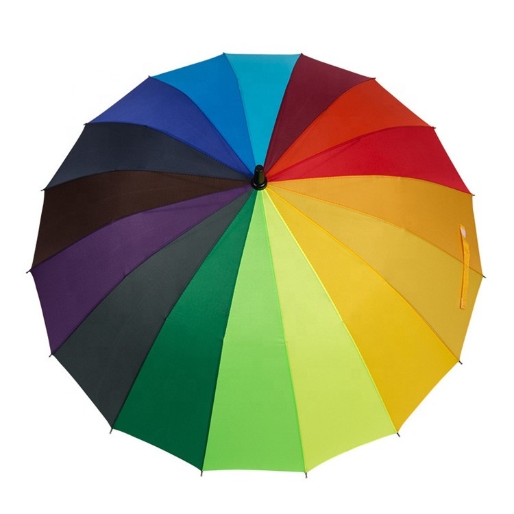 wholesale cheap market polyester 16 ribs windproof straight handle colorful Rainbow golf  Umbrella