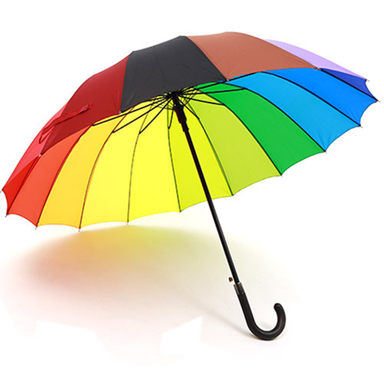 wholesale cheap market polyester 16 ribs windproof straight handle colorful Rainbow golf  Umbrella