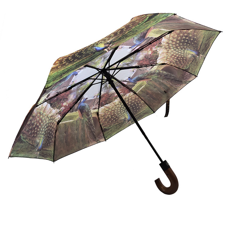 wood curved handle folding wooden umbrella animal print umbrella Xiamen Hoda auto open close umbrella