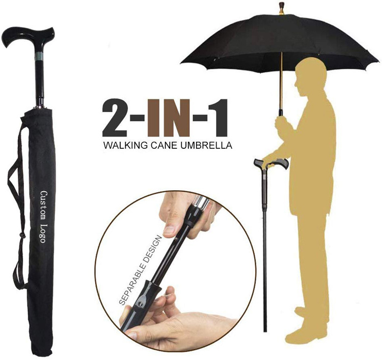 Multi functional walking stick umbrella crutch straight advertising umbrella function umbrella with wood handle