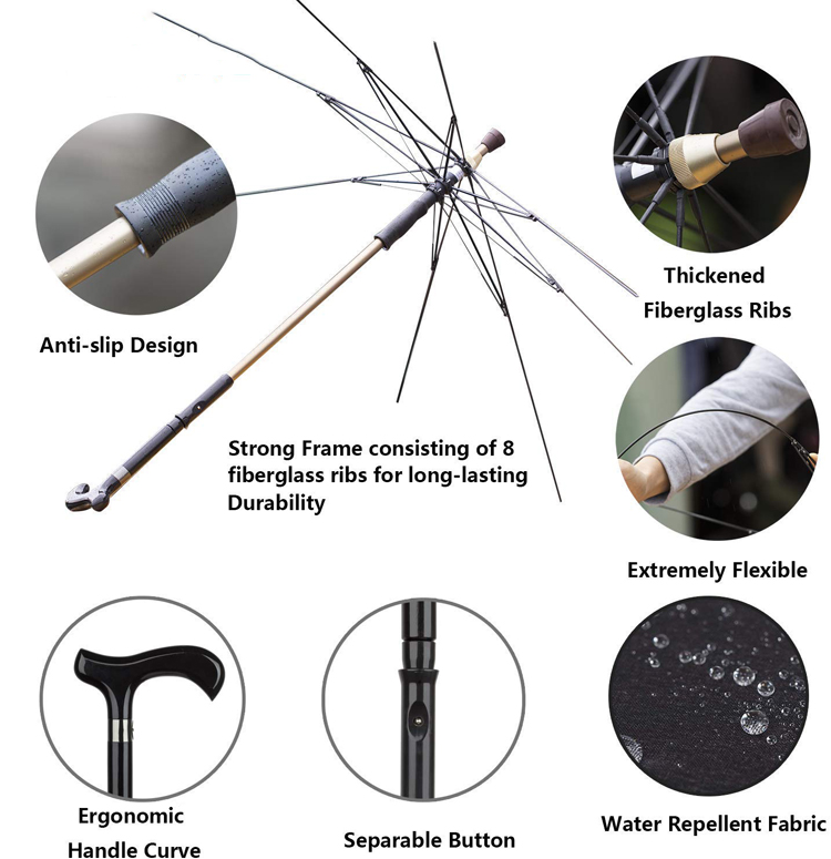 Multi functional walking stick umbrella crutch straight advertising umbrella function umbrella with wood handle