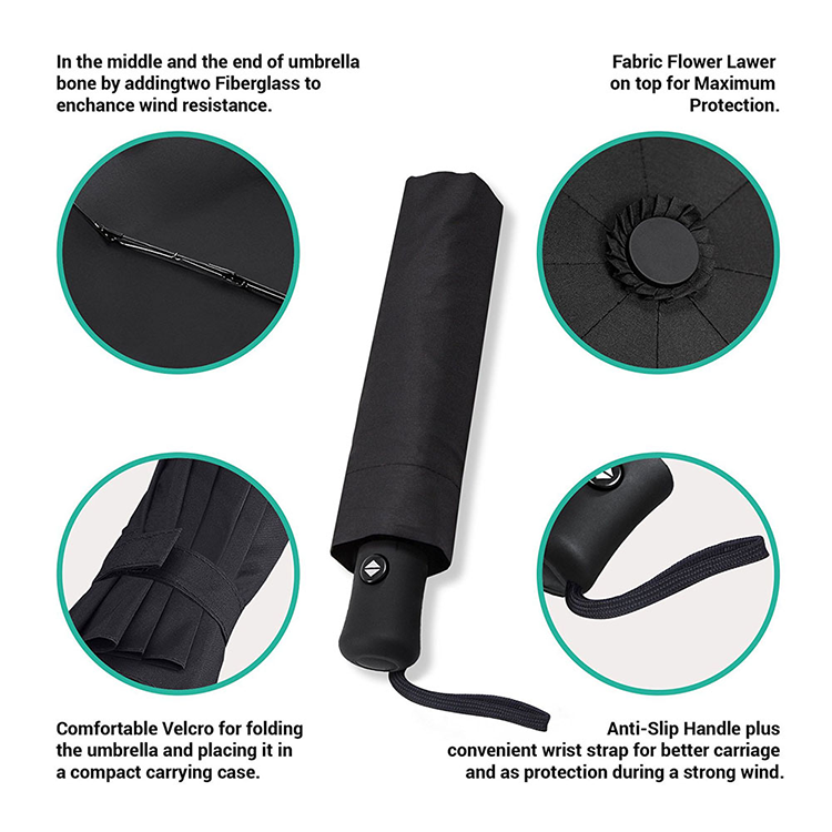 Paraguas 3 Folding Travel Umbrella With Logo Black Pongee Waterproof Umbrella Automatic