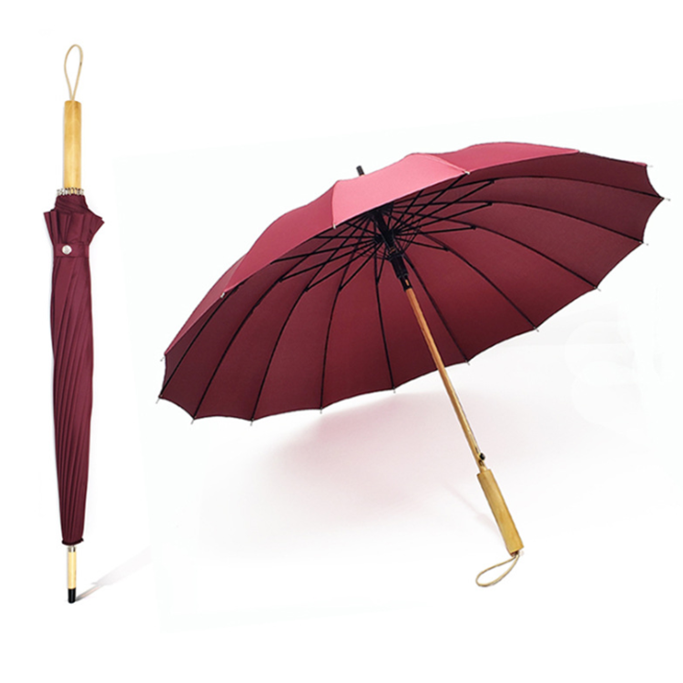 High quality new design wooden stick handle umbrella with 16 ribs