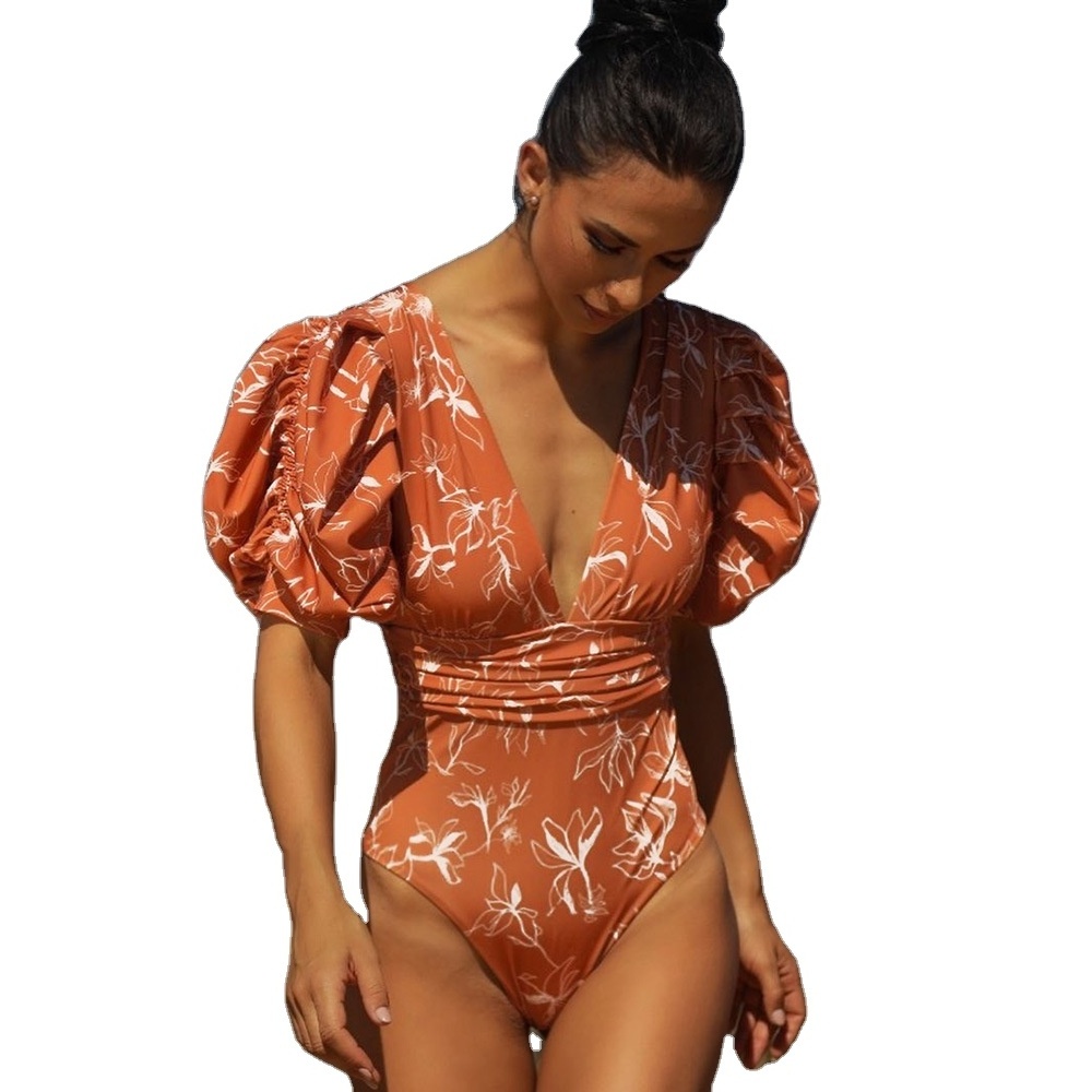 2022 Sexy Micro Women Two Piece Print Long Sleeve Backless Bandeau Swimsuit Swimwear Bikini