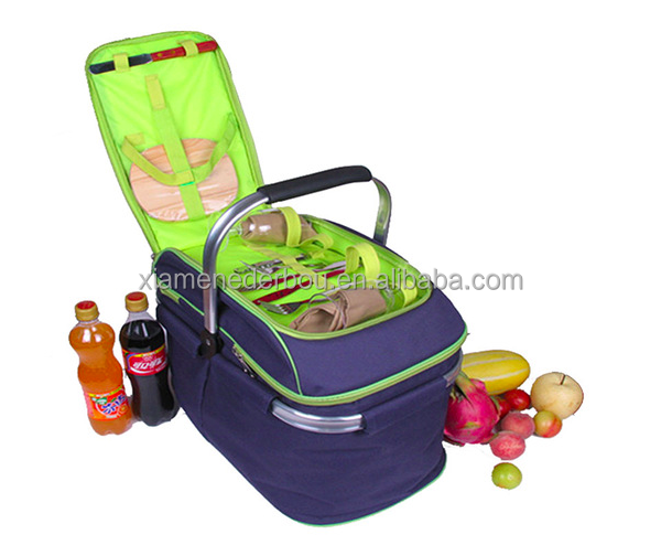 Picnic Basket Set Insulated Tote with Cooler Compartment and Complete Flatware