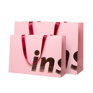 HENGXING Custom Logo Printed Matt Finish Pink Kraft Paper Shopping Bag with Ribbon Handle for Jewelry Cosmetics and Perfume