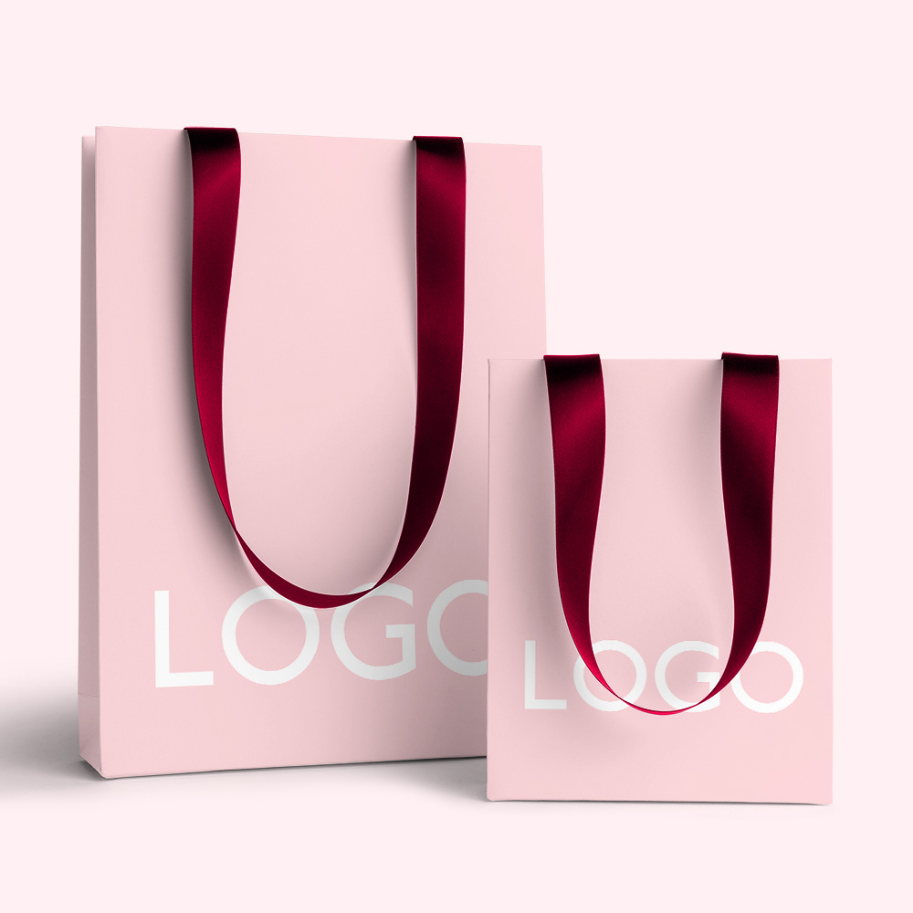 HENGXING Custom Logo Printed Matt Finish Pink Kraft Paper Shopping Bag with Ribbon Handle for Jewelry Cosmetics and Perfume