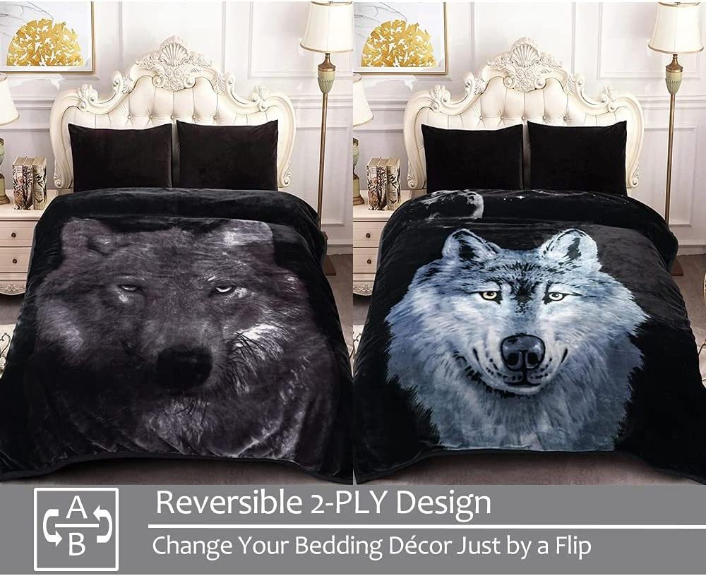 Heavy Korean Faux Mink Fleece Blanket Black Wolfs Queen Bed Reversible Soft Plush Warm Blanket for Autumn Winter