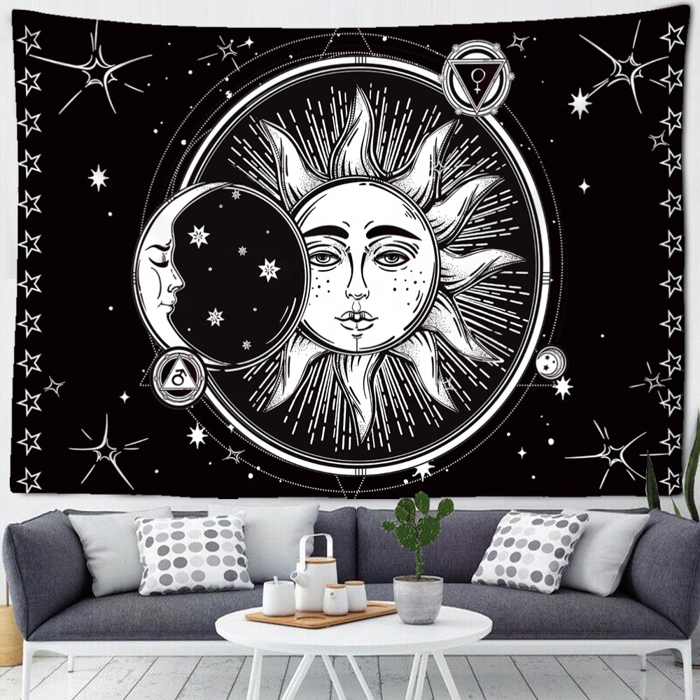 Mandala Wall Tapestry White Black Sun And Moon Tapestry Wall Hanging Tarot Hippie Wall Decor Blanket