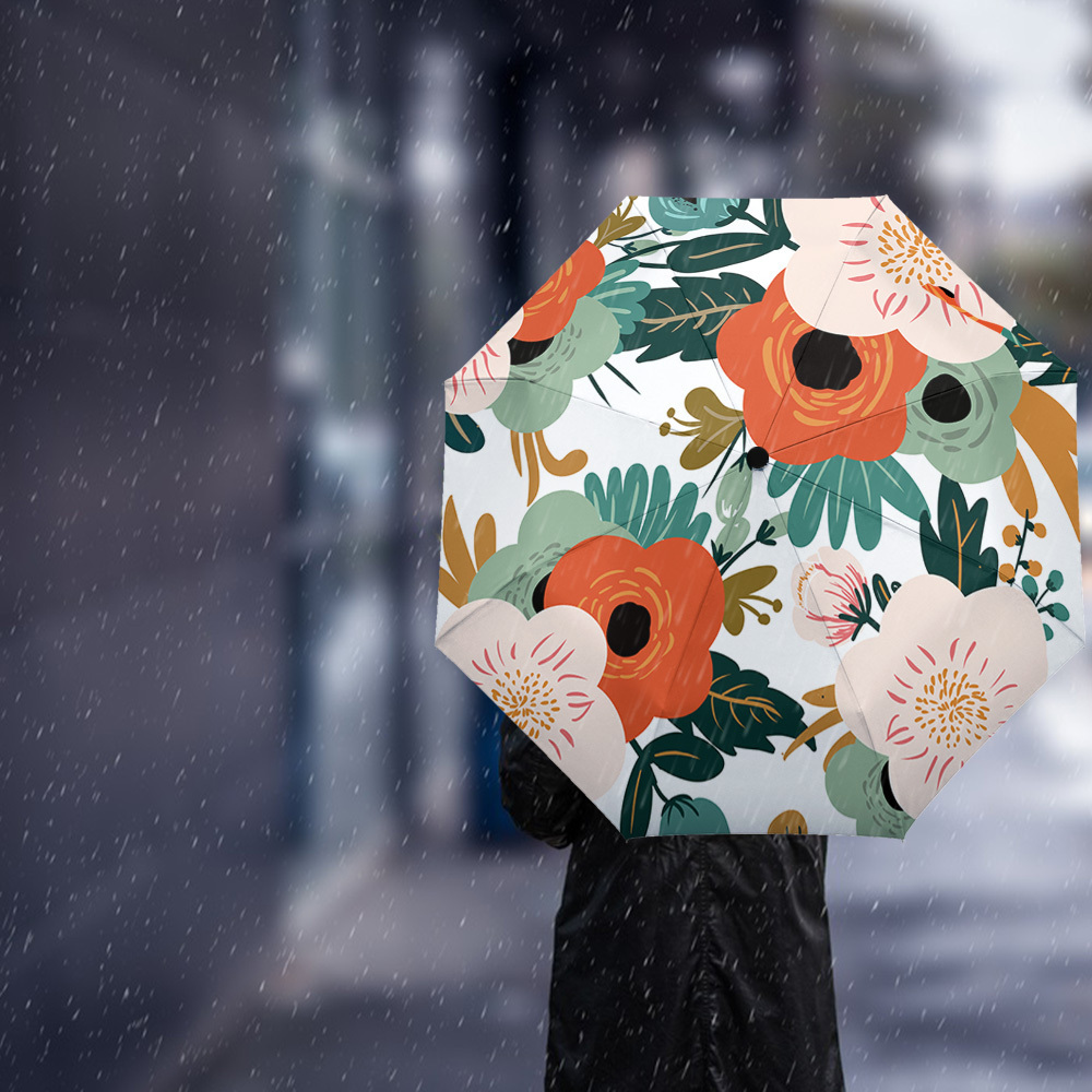 High Quality 8 Bones Umbrella Customized Company Logo Printed Floral Three Folding Self Open Automatic Umbrella