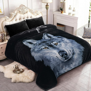 Heavy Korean Faux Mink Fleece Blanket Black Wolfs Queen Bed Reversible Soft Plush Warm Blanket for Autumn Winter