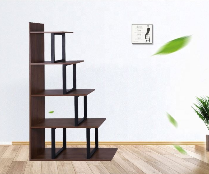 Luxury Storage Rack Book Shelf Modern Brown Retro 4-levels 5 Shelves Wooden Ladder Bookshelf For Bedroom Organizer