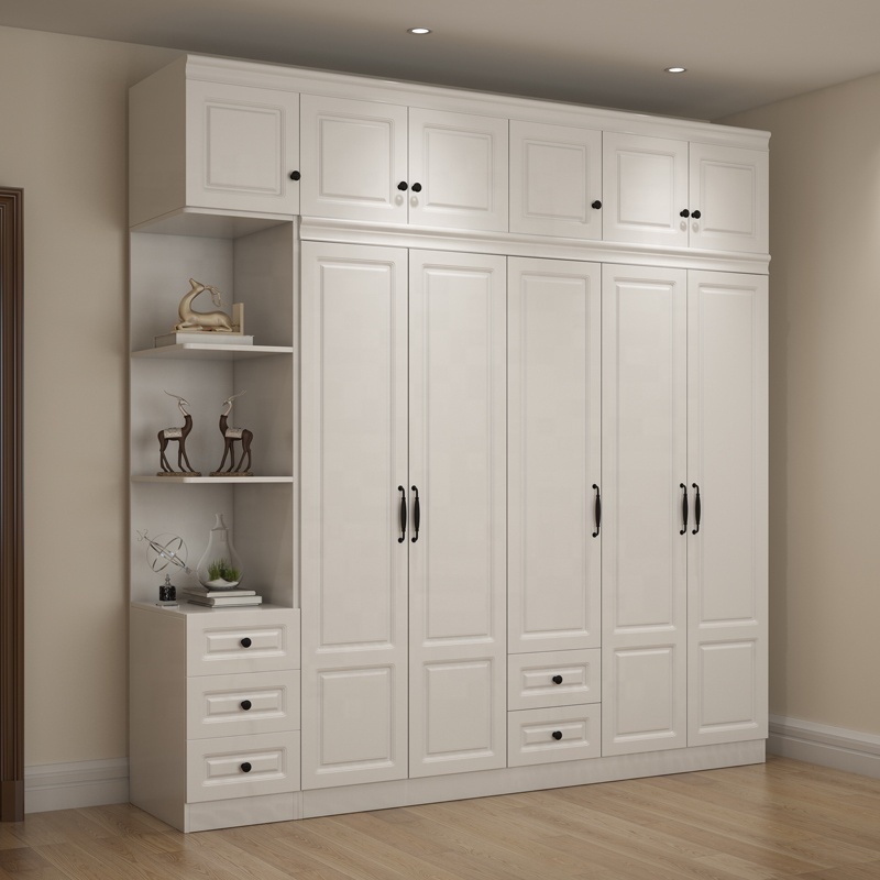 Luxury assemble wooden fabric closet with mirror 6 door bedroom furniture mdf organizer drawer white wardrobe