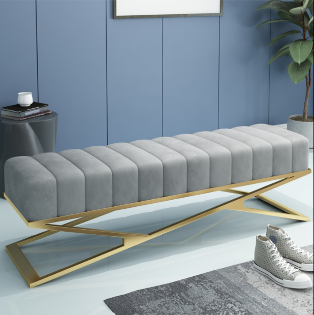 Modern Gold Metal Base Shoe Rack Storage With Blue Velvet Tufted Upholstered Cushion Shoe Bench Stool