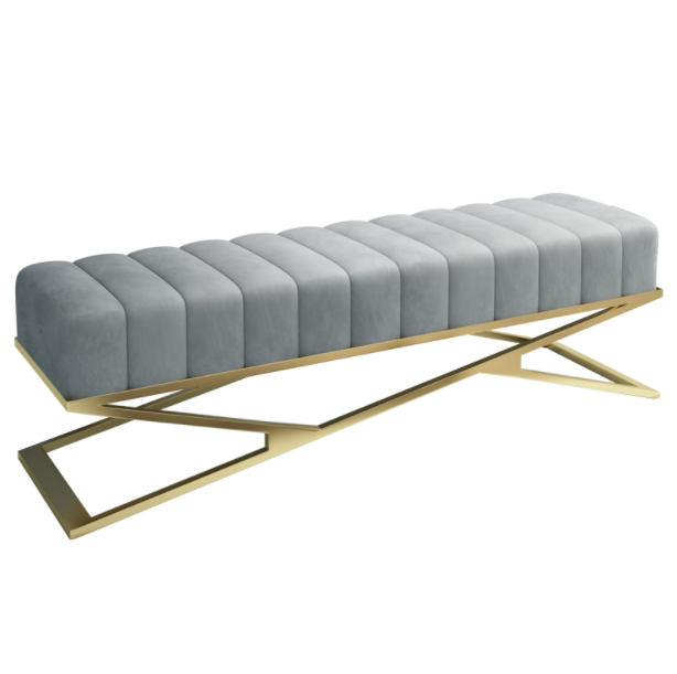 Modern Gold Metal Base Shoe Rack Storage With Blue Velvet Tufted Upholstered Cushion Shoe Bench Stool