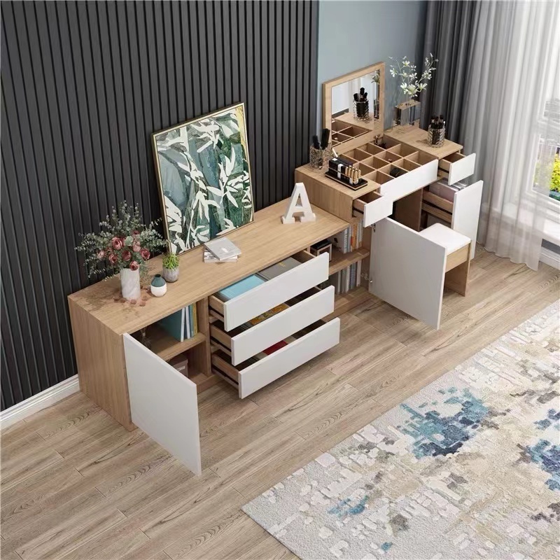 Moxie Modern elegant large storage 2 door 3 drawers cabinet wooden dressing table with hidden mirror