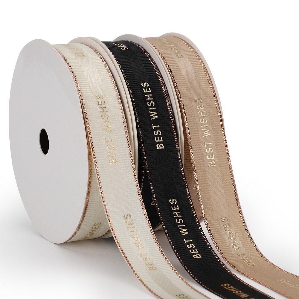 Polyester Rose gold foil Grosgrain edge Gold Silver edge Satin ribbon with Custom logo printed