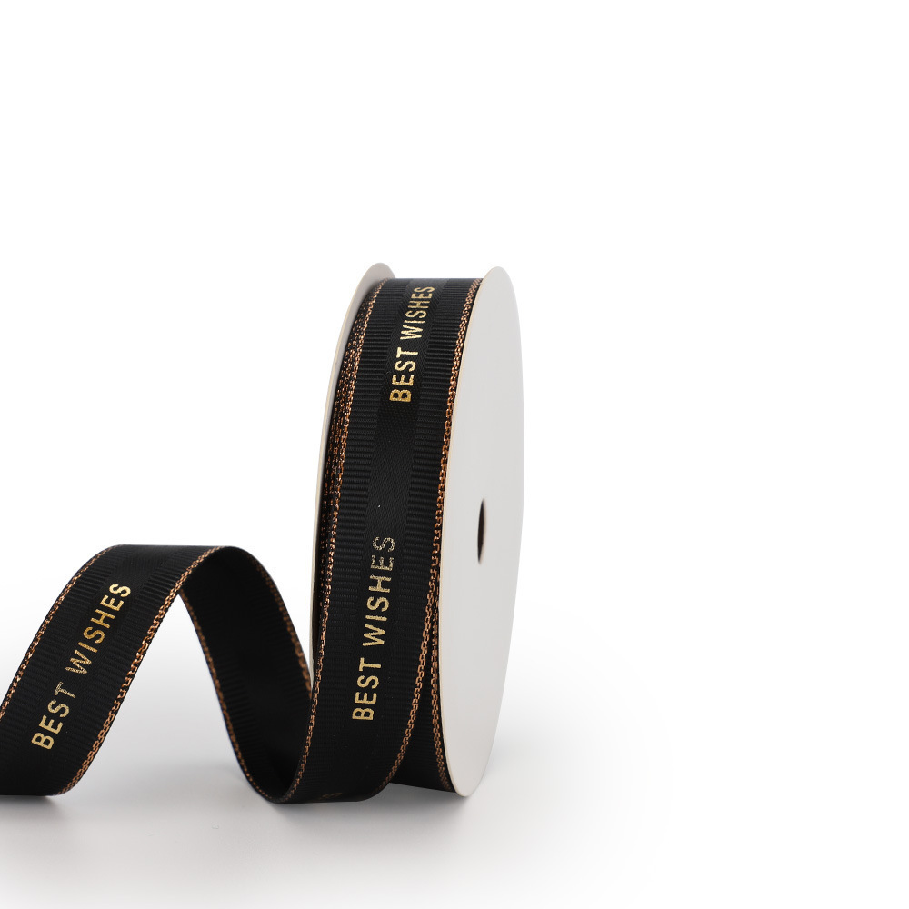 Polyester Rose gold foil Grosgrain edge Gold Silver edge Satin ribbon with Custom logo printed