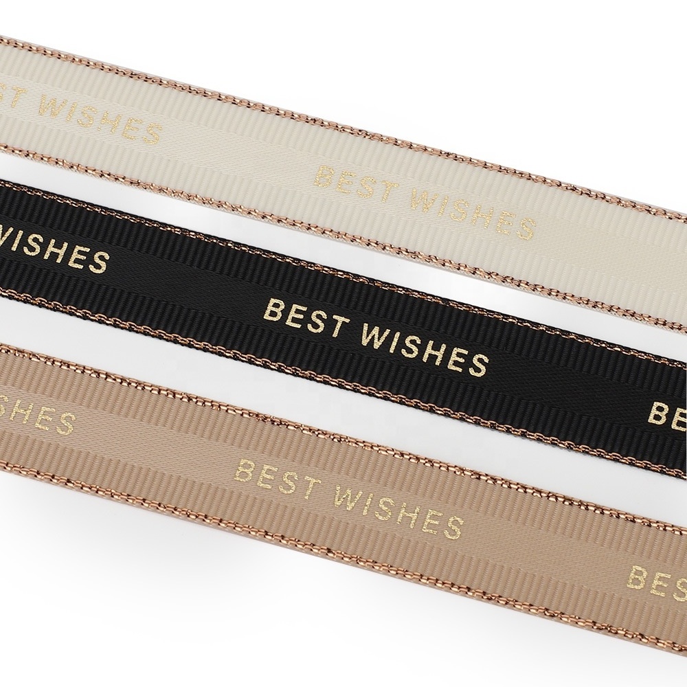 Polyester Rose gold foil Grosgrain edge Gold Silver edge Satin ribbon with Custom logo printed