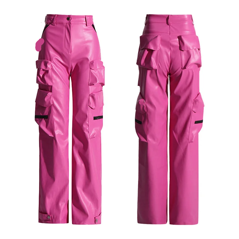 Y2k Pink New Fashion Womens Baggy Cargo Pants High Waist Pu Leather Pants Streetwear Multi Pocket Cargo Pants