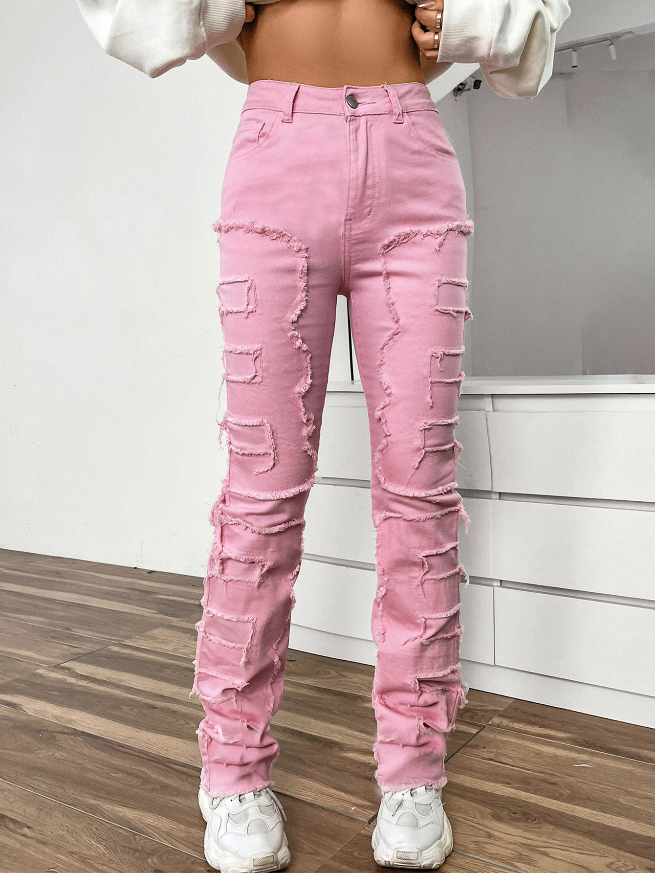 Y2k Fashion Embroider Patch Button Jeans Women Slim Fit Straight Pants Stretch Skinny Denim Pants