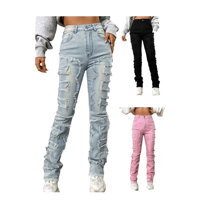 Y2k Fashion Embroider Patch Button Jeans Women Slim Fit Straight Pants Stretch Skinny Denim Pants