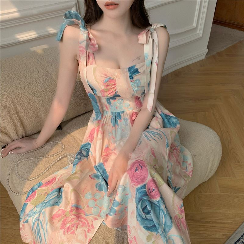 Dress Lace Up Casual Elegant Sleeveless Split Sling Vintage Print Maxi Dress For Women Dresses Summer Ladies Flo Clothes