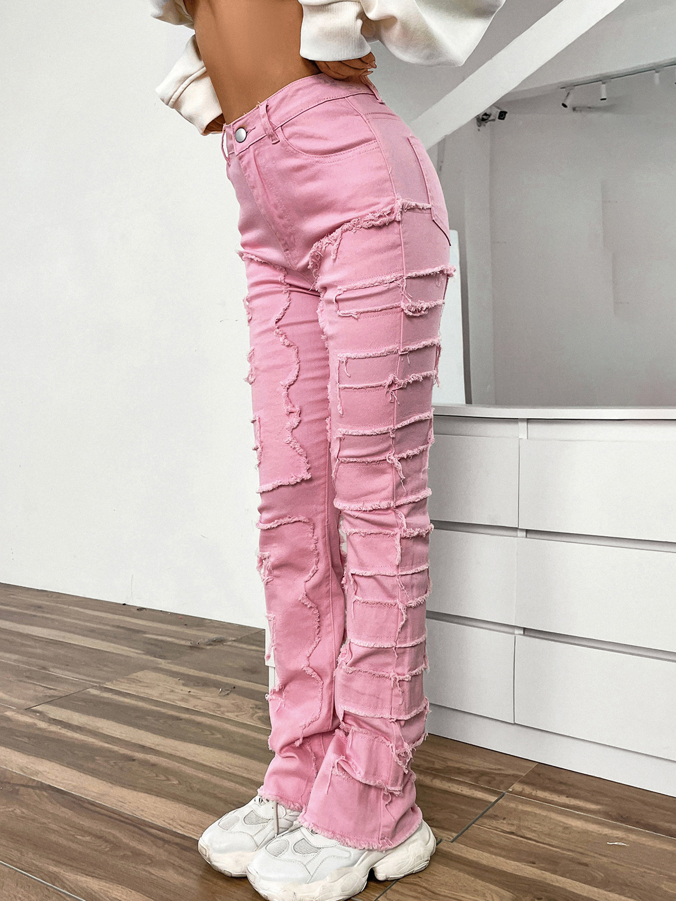 Y2k Fashion Embroider Patch Button Jeans Women Slim Fit Straight Pants Stretch Skinny Denim Pants