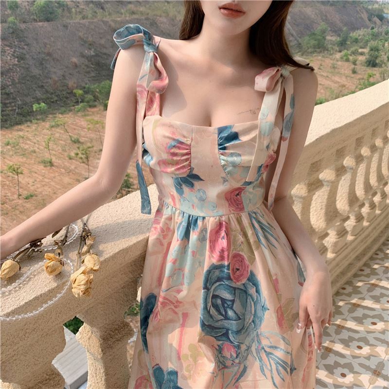 Dress Lace Up Casual Elegant Sleeveless Split Sling Vintage Print Maxi Dress For Women Dresses Summer Ladies Flo Clothes