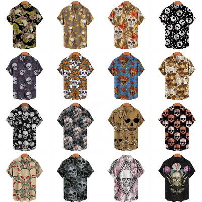 Hawaiian Summer Horror Skull Shirts For Men Vintage Aloha Casual 3d Print Rocker Gothic Short Sleeve Shirts For Men