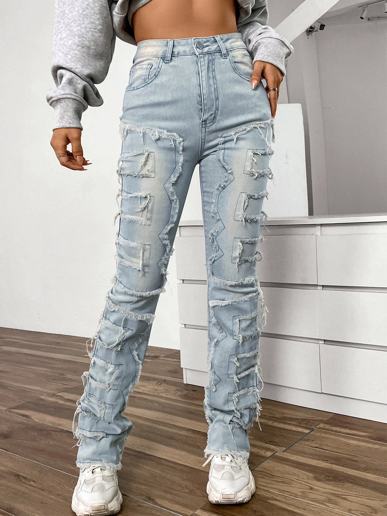 Y2k Fashion Embroider Patch Button Jeans Women Slim Fit Straight Pants Stretch Skinny Denim Pants