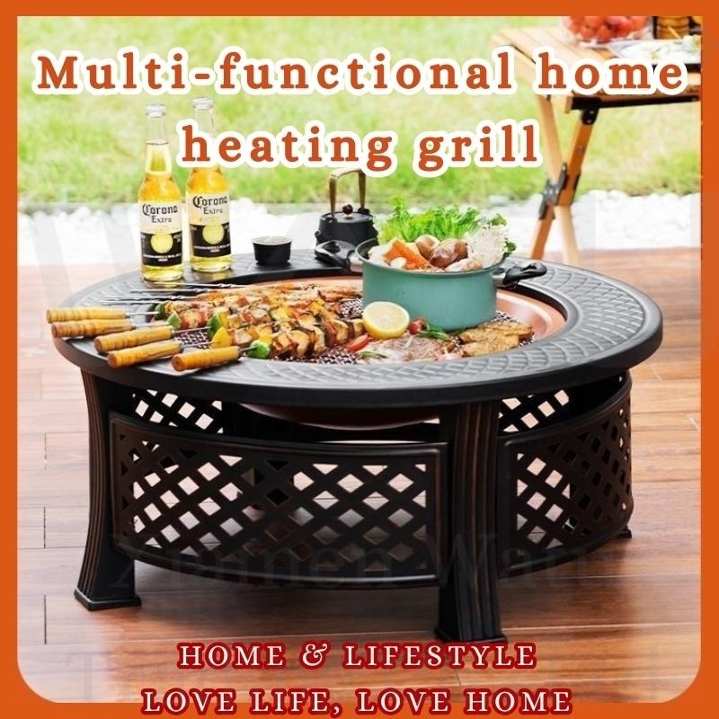 Outdoor Fire Pit Garden Metal Wood Burning Square Table BBQ Grill Shelf Patio Heater Black