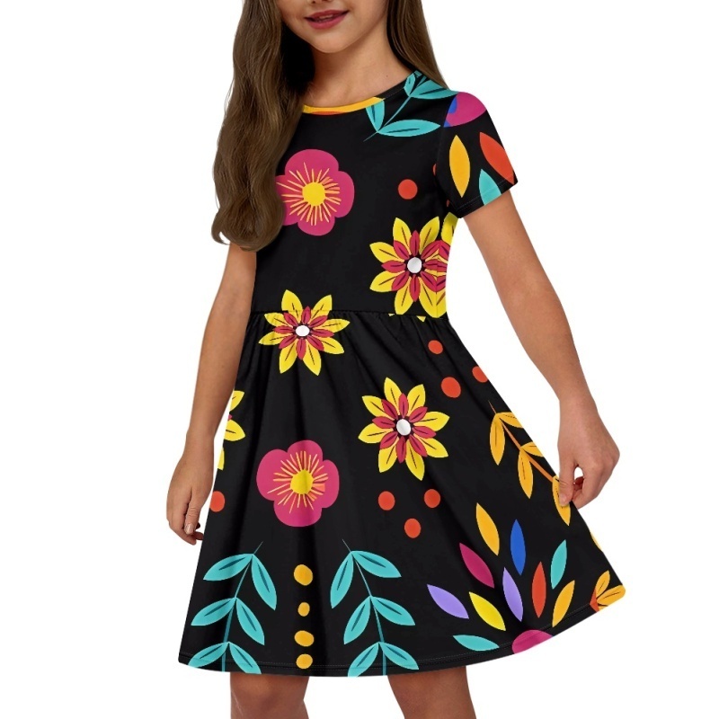 Print On Demand Little Girls Short Sleeve Toddler Summer Sundress Mexico Flower Dress Girls Dresses with Pockets 2-12Y Children