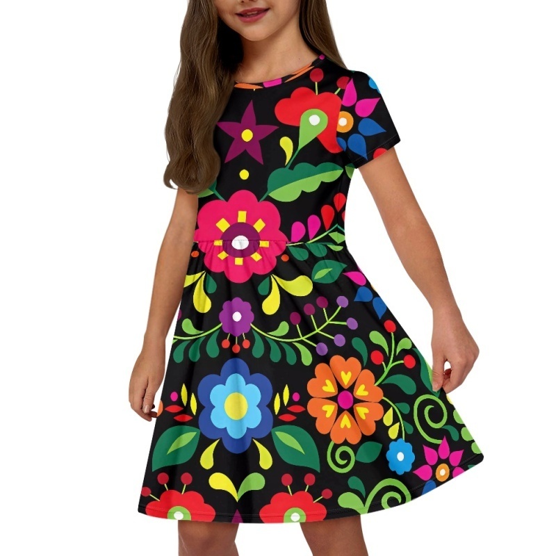 Print On Demand Little Girls Short Sleeve Toddler Summer Sundress Mexico Flower Dress Girls Dresses with Pockets 2-12Y Children