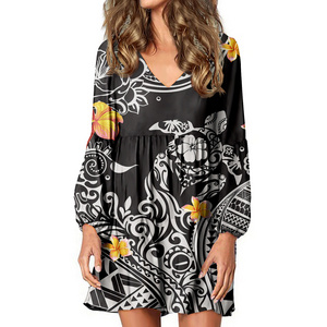 Floral Dress Women Black And White Polynesian Samoan Print Wholesale To Sell Bangkok Clothing 2021 Big Size Dresses New Arrivals