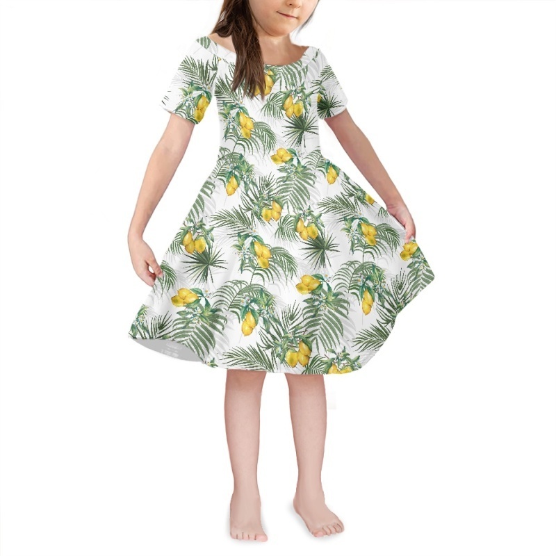 Manufacturer Little Girls Dress Short Sleeve Toddler Summer Midi Sundress Elegant Bright Yellow Cute Lemon Print Dress For Girls