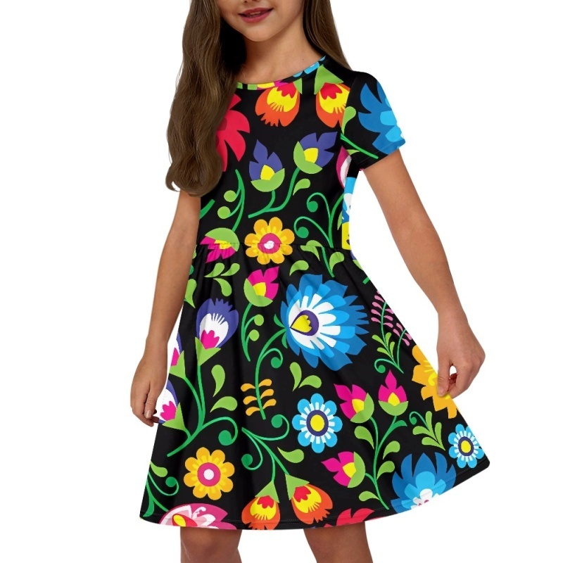 Print On Demand Little Girls Short Sleeve Toddler Summer Sundress Mexico Flower Dress Girls Dresses with Pockets 2-12Y Children