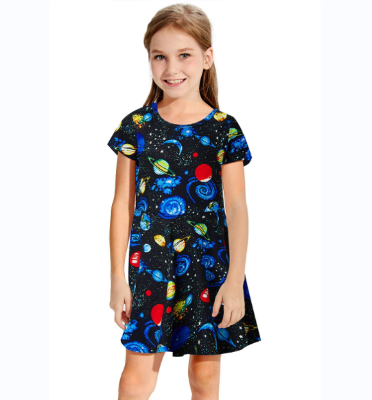 Graphic Customization Fun Dinosaur Full Print Little Girls Dress Short Sleeve Toddler Sundress Spring Summer Apparel for 2-14Y