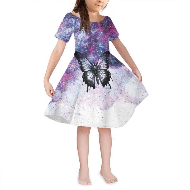 Print On Demand Little Girls Short Sleeve Toddler Summer Sundress Purple Butterfly Dress Girls Dresses 2-12 Children Clothing