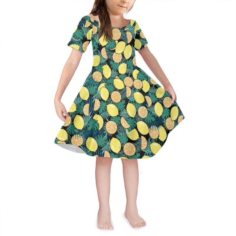 Manufacturer Little Girls Dress Short Sleeve Toddler Summer Midi Sundress Elegant Bright Yellow Cute Lemon Print Dress For Girls