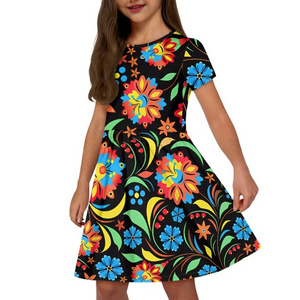 Print On Demand Little Girls Short Sleeve Toddler Summer Sundress Mexico Flower Dress Girls Dresses with Pockets 2-12Y Children