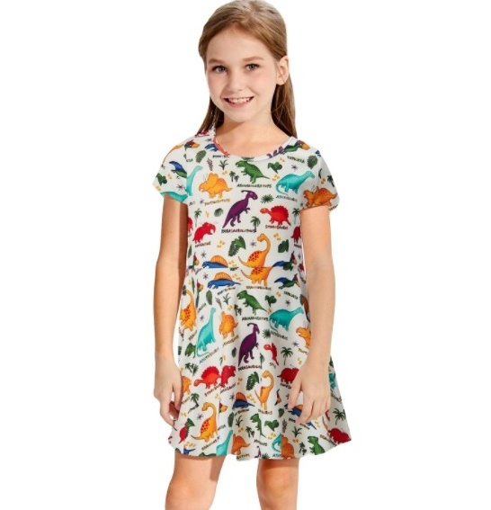 Graphic Customization Fun Dinosaur Full Print Little Girls Dress Short Sleeve Toddler Sundress Spring Summer Apparel for 2-14Y